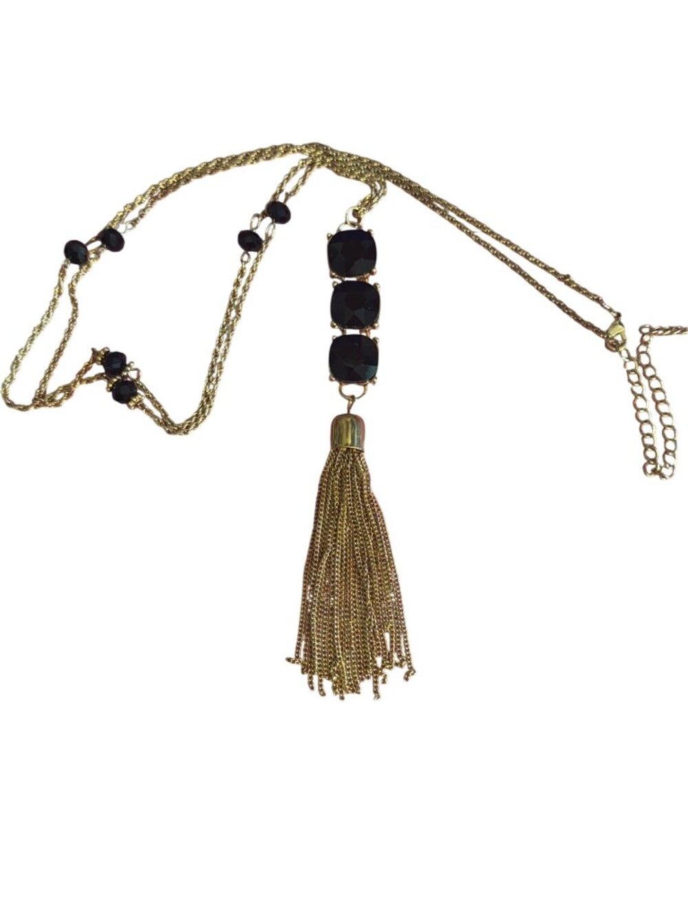 Gold Tone Long Necklace Twist Rope Chain Black Rhinestones Beads Tassel Adj 38"